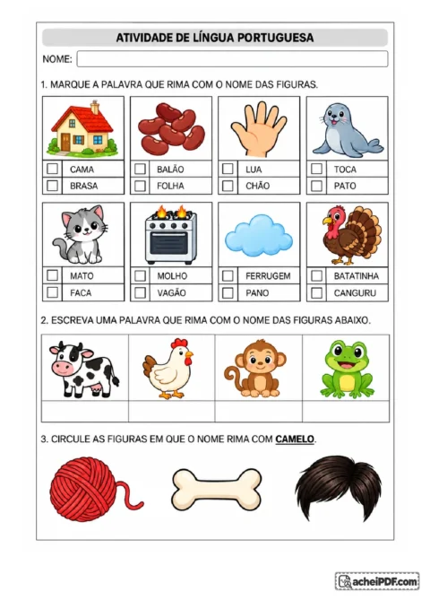 5 Atividades de Rima para o 1º ano fundamental: Realizar três atividades de consciência fonológica, identificando palavras que rimam com, para o 1º ano.