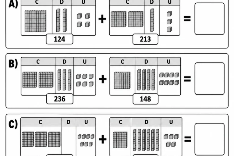 Atividade de adição com blocos de centenas, dezenas e unidades para calcular somas de dois números