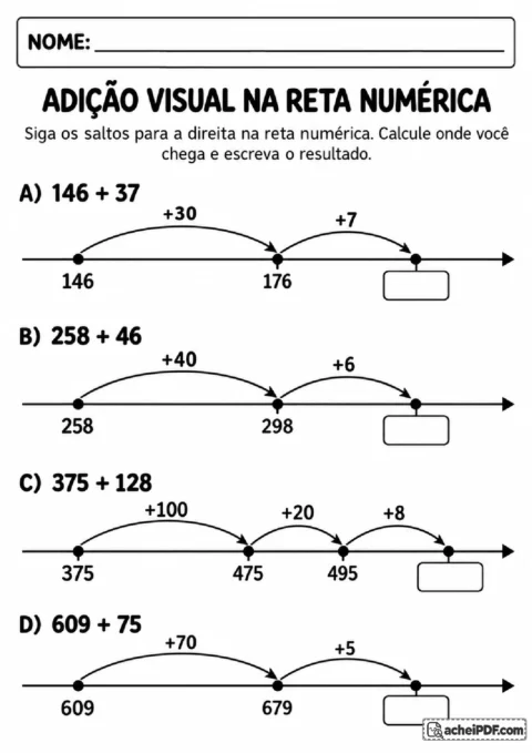 Retas numéricas com saltos de adição para descobrir o resultado de cada cálculo