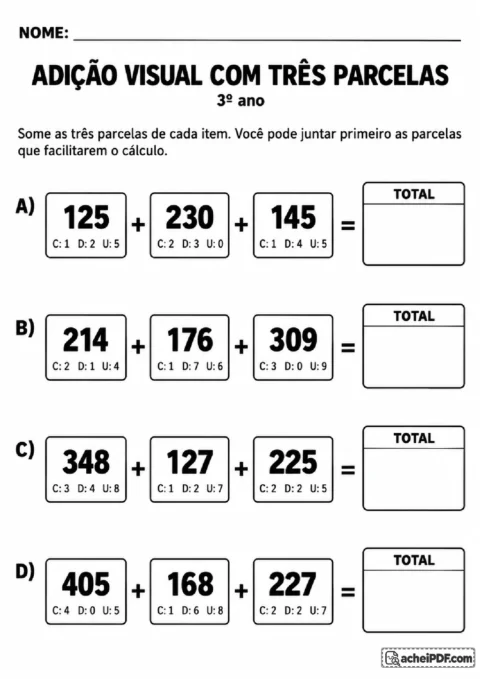 Atividade de adição com três parcelas de três ordens e representações visuais dos números