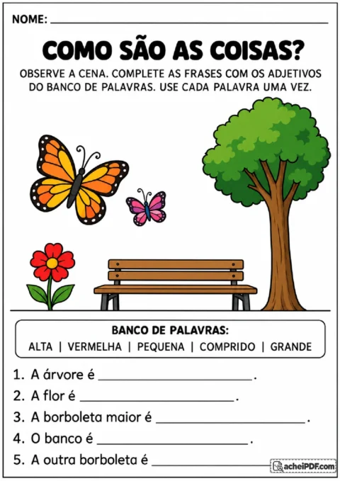 Exercício de adjetivos com cena de jardim, árvore, flor, borboletas e banco para completar frases