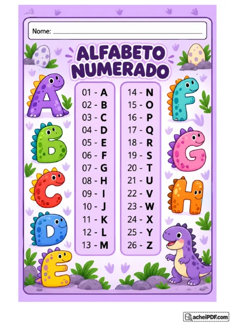 Tabela do alfabeto numerado de 01-A a 26-Z com dinossauros ilustrados, para o 1º ano.