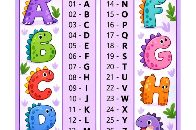 Tabela do alfabeto numerado de 01-A a 26-Z com dinossauros ilustrados, para o 1º ano.