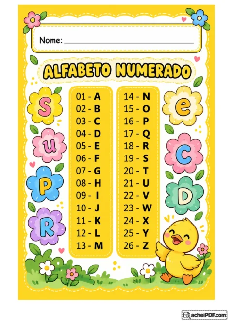 Tabela do alfabeto numerado de 01-A a 26-Z com flores e patinho, para o 1º ano.