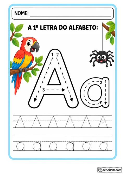 Treino da letra A maiúscula e a minúscula com setas e linhas de treino para o 1º ano.