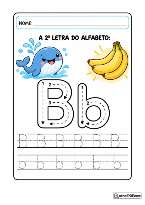 Treino da letra B maiúscula e b minúscula com setas e linhas de treino para o 1º ano.