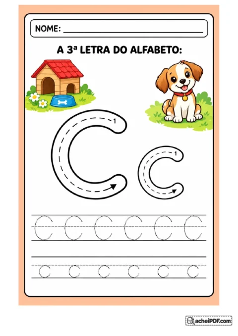 Treino da letra C maiúscula e c minúscula com setas e linhas de treino para o 1º ano.