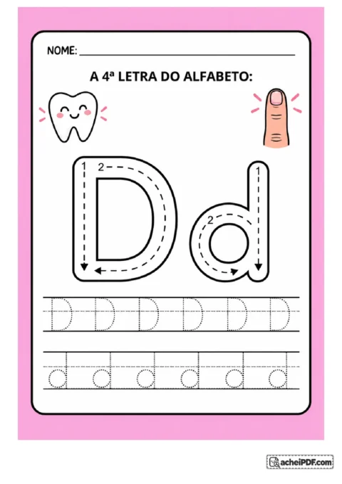 Treino da letra D maiúscula e d minúscula com setas e linhas de treino para o 1º ano.