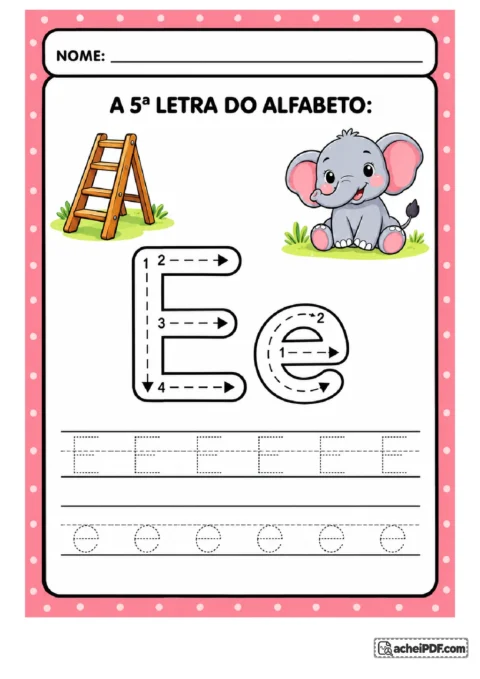 Treino da letra E maiúscula e e minúscula com setas e linhas de treino para o 1º ano.
