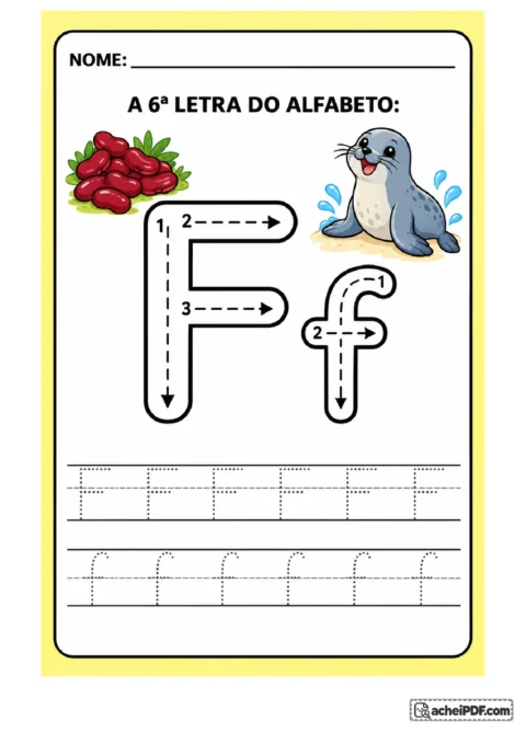 Treino da letra F maiúscula e f minúscula com setas e linhas de treino para o 1º ano.