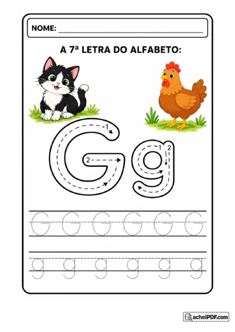 Treino da letra G maiúscula e g minúscula com setas e linhas de treino para o 1º ano.