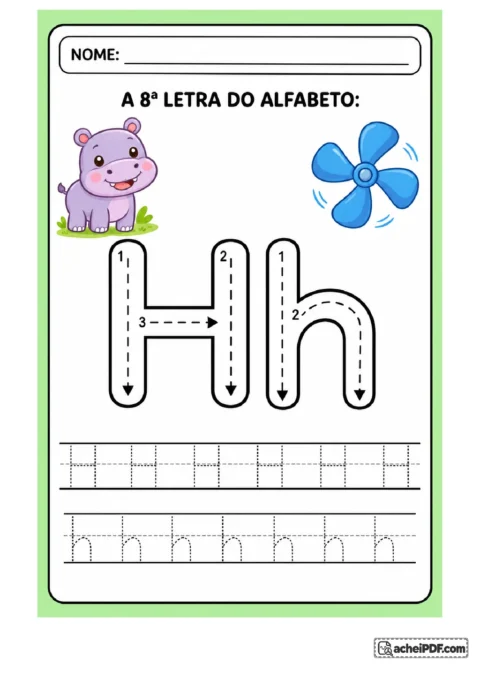 Treino da letra H maiúscula e h minúscula com setas e linhas de treino para o 1º ano.