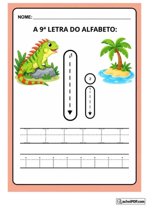 Treino da letra I maiúscula e i minúscula com setas e linhas de treino para o 1º ano.