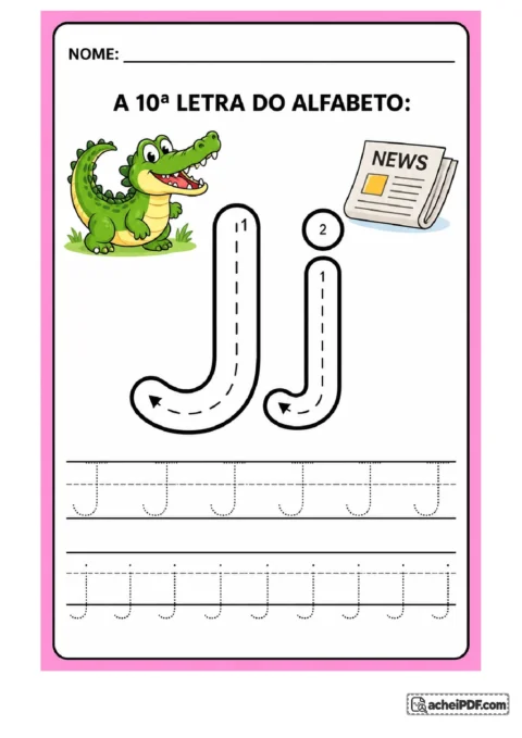 Treino da letra J maiúscula e j minúscula com setas e linhas de treino para o 1º ano.