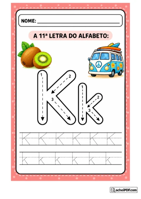 Treino da letra K maiúscula e k minúscula com setas e linhas de treino para o 1º ano.