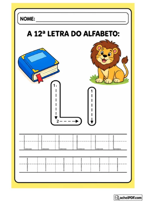 Treino da letra L maiúscula e l minúscula com setas e linhas de treino para o 1º ano.