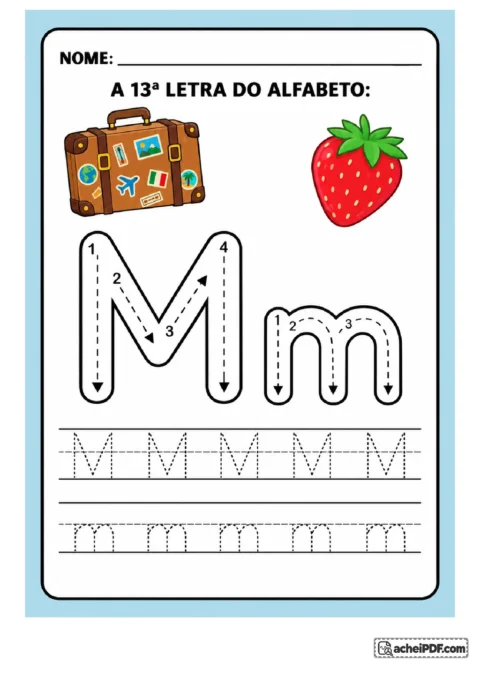 Treino da letra M maiúscula e m minúscula com mala de viagem marrom e morango vermelho; setas e linhas de treino para o 1º ano.