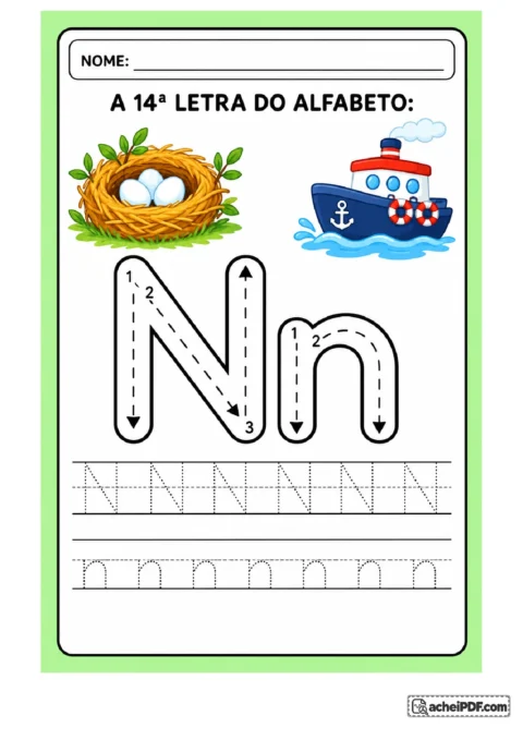 Treino da letra N maiúscula e n minúscula com ninho de pássaro e navio infantil azul; setas e linhas de treino para o 1º ano.