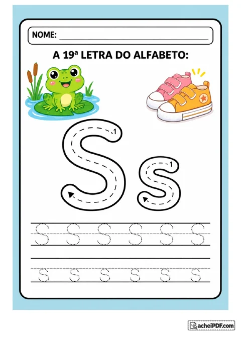 Treino da letra S maiúscula e s minúscula com sapinho verde e par de tênis infantis; setas e linhas de treino para o 1º ano.