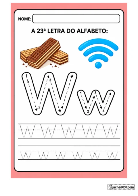 Treino da letra W maiúscula e w minúscula com símbolo de wi-fi azul-ciano e barra de wafer diagonal; setas e linhas de treino para o 1º ano.