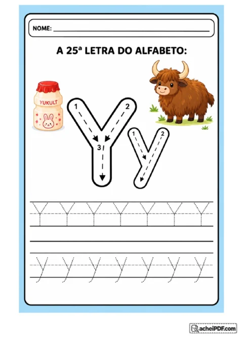 Treino da letra Y maiúscula e y minúscula com pequeno frasco de bebida e iaque ilustrado; setas e linhas de treino para o 1º ano.