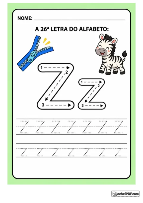 Treino da letra Z maiúscula e z minúscula com zíper azul aberto e zebra infantil; setas e linhas de treino para o 1º ano.