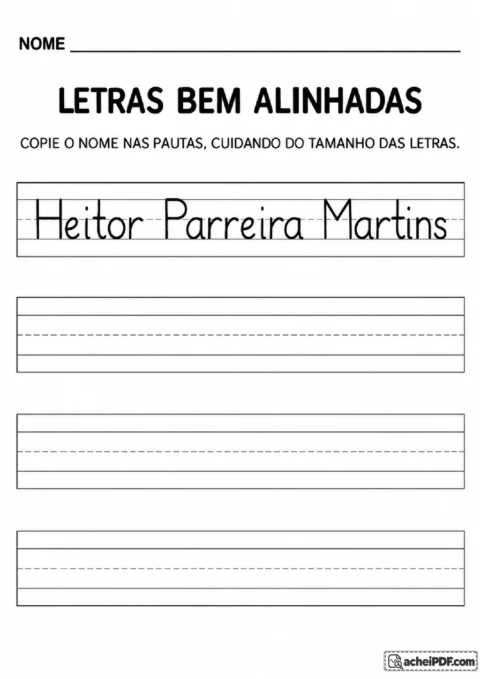 Prática de alinhamento e altura das letras do nome Heitor Parreira Martins em pautas caligráficas.