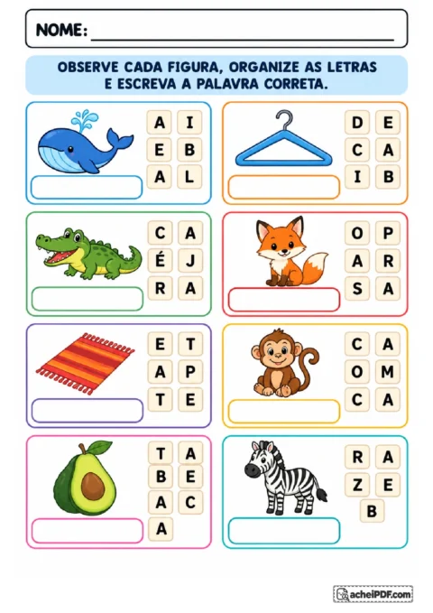 Letras embaralhadas para organizar e escrever nomes de figuras como baleia, cabide, jacaré e raposa.