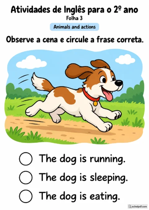 Atividade com cachorro correndo para escolher a frase correta em inglês