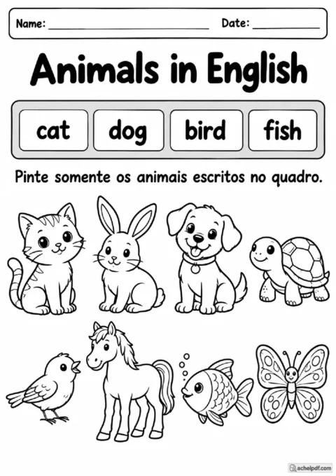 Atividade de animais em inglês para pintar somente as figuras indicadas no quadro