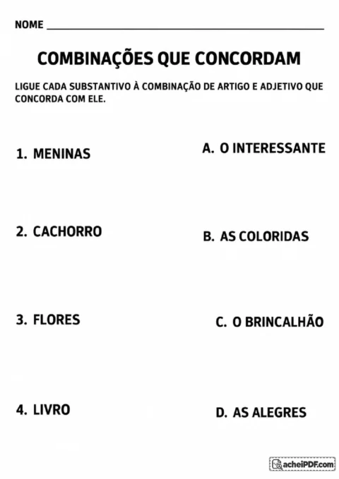 Atividade de ligar meninas, cachorro, flores e livro a combinações corretas de artigos e adjetivos