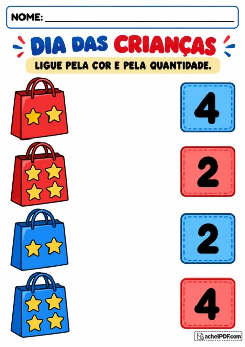 Sacolhinhas vermelhas e azuis com estrelas para associar por cor e quantidade