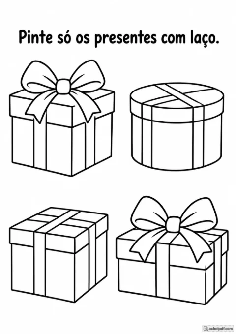 Presentes com laço. Comparar quatro caixas de presente e pintar apenas as duas que possuem laço visível na parte superior.