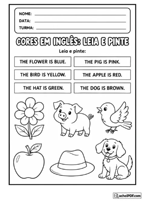 atividade com imagens para colorir cores em inglês: O estudante deve ler seis frases curtas em inglês, identificar o objeto ou animal, para o 2º ano.