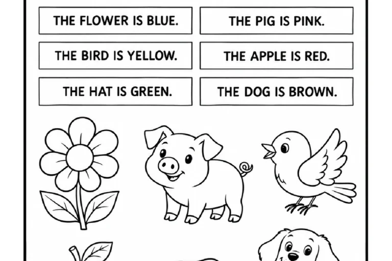 atividade com imagens para colorir cores em inglês: O estudante deve ler seis frases curtas em inglês, identificar o objeto ou animal, para o 2º ano.