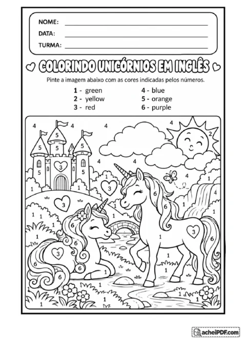 atividades para colorir cores em inglês: Preencher os dados de identificação, observar a legenda que relaciona seis números a seis, para o 2º ano.