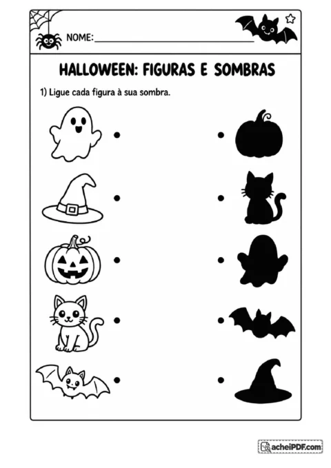 atividade de halloween de ligar á sombra para educação infantil: Observar cinco desenhos de Halloween apresentados em contorno na coluna esquerda.