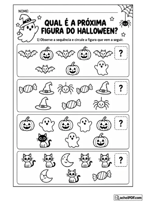 atividade de halloween de identificar sequência para educação infantil: A criança observa quatro sequências independentes de figuras relacionadas ao.