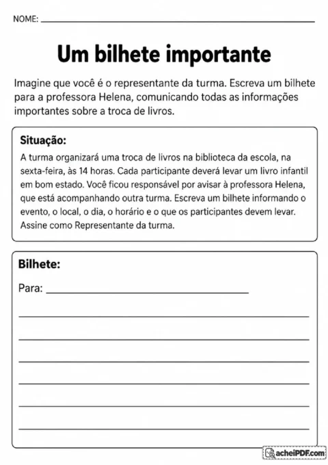 Proposta de bilhete para avisar à professora Helena sobre uma troca de livros na biblioteca.
