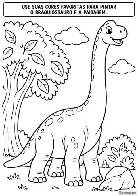 Braquiossauro de pescoço longo para colorir com árvore, nuvens, pedra e arbusto para o Pré I.