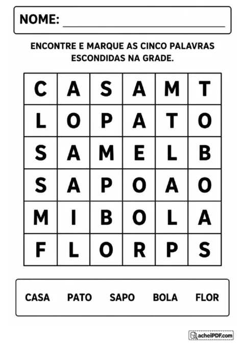 Caça-palavras com grade de seis linhas para localizar casa, pato, sapo, bola e flor na horizontal.