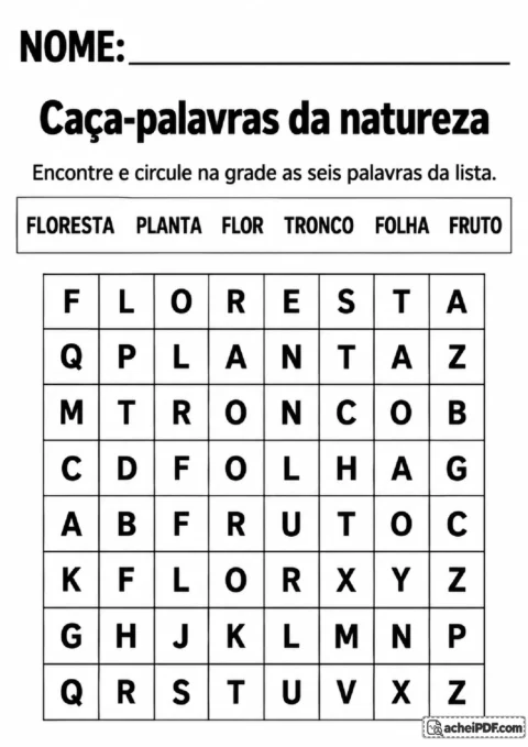 Caça-palavras da natureza com grade de letras para encontrar floresta, planta, flor, tronco, folha e fruto.