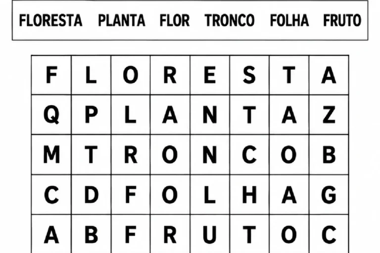 Caça-palavras da natureza com grade de letras para encontrar floresta, planta, flor, tronco, folha e fruto.