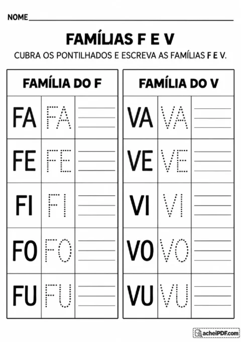 Atividade de caligrafia das famílias F e V com sílabas pontilhadas e espaço para reprodução escrita.