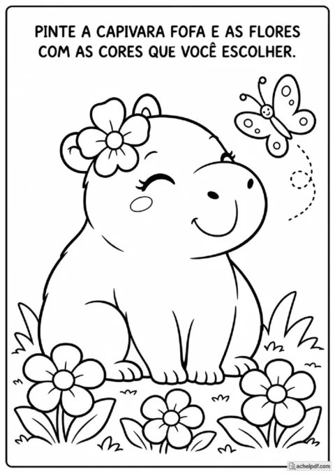 Capivara fofa para colorir com flores e borboleta em atividade de pintura para o Pré I.
