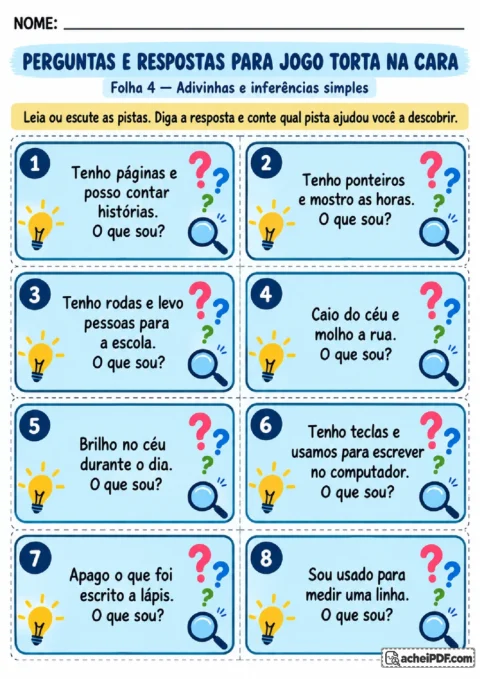 Adivinhas com pistas sobre objetos e situações do cotidiano para responder oralmente.