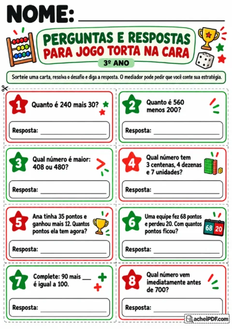 Cartas com cálculos, comparação de números e desafios matemáticos curtos para o 3º ano.