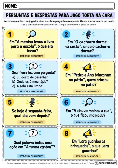 Cartas com perguntas de compreensão oral e leitura para responder durante o jogo coletivo.