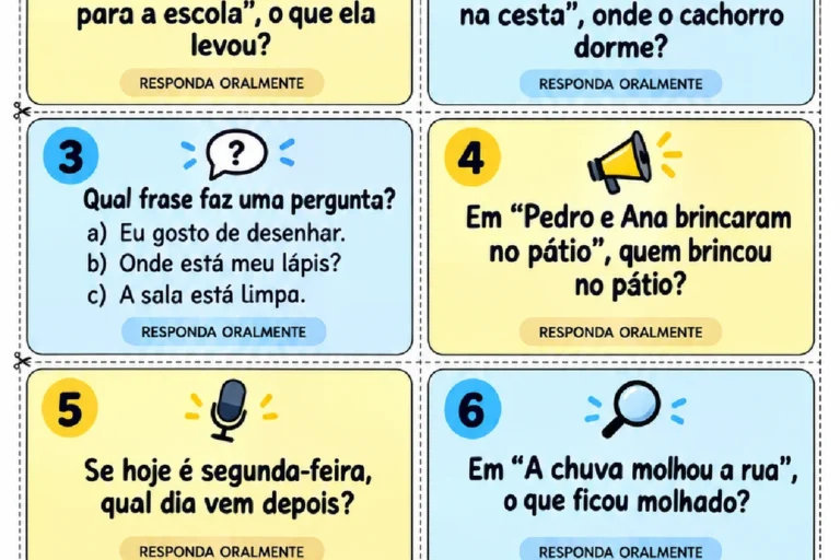 Cartas com perguntas de compreensão oral e leitura para responder durante o jogo coletivo.