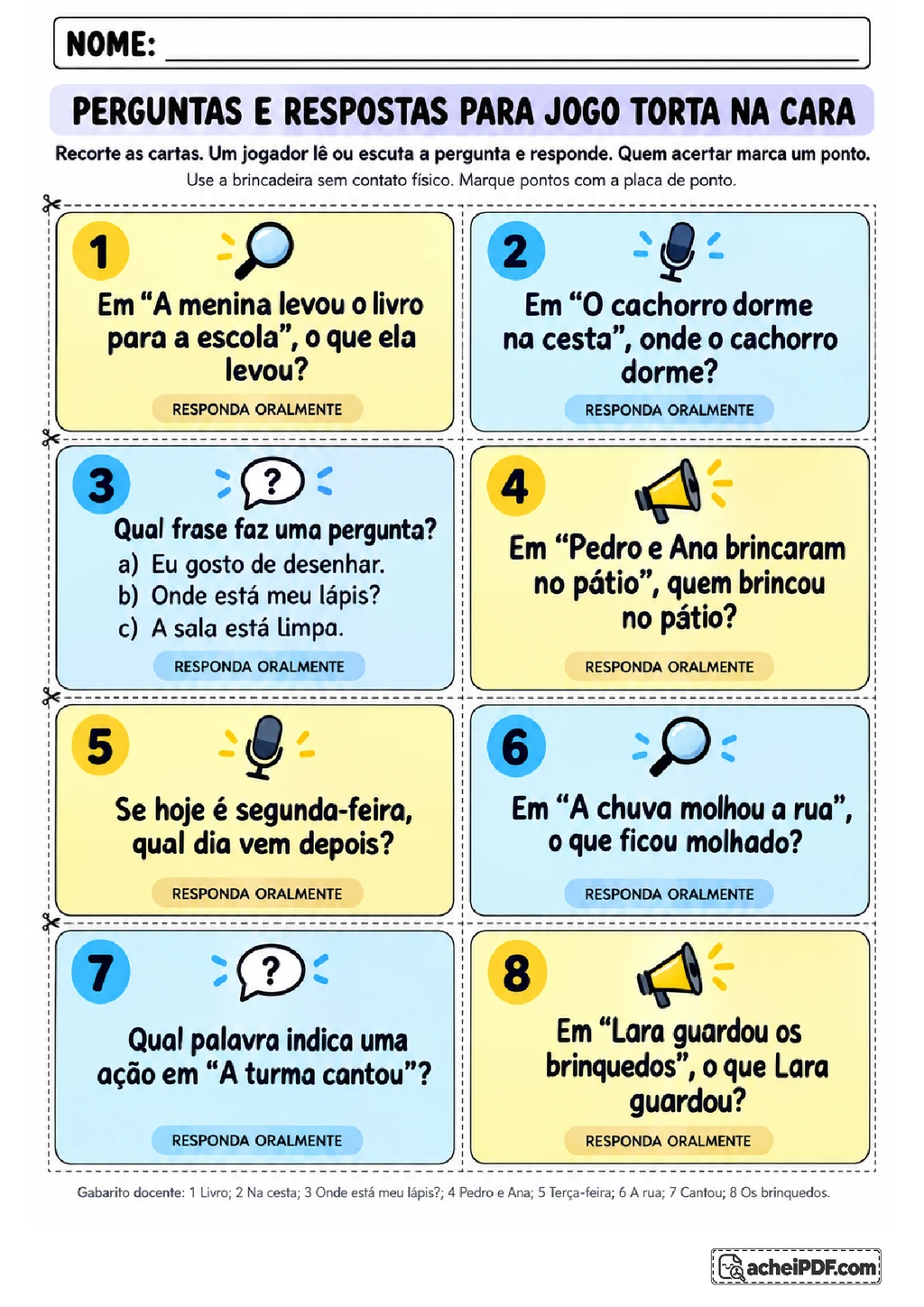 Perguntas para Jogo Torta na Cara para o 3º ano